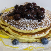 plated pancakes with blueberries